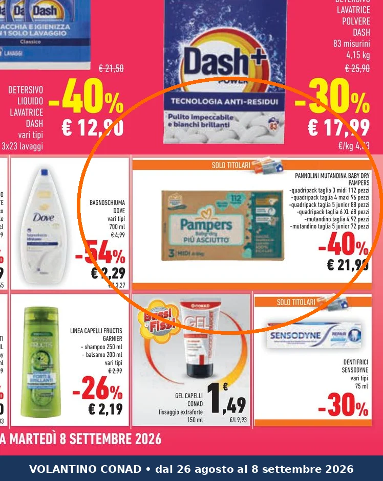 Ritaglio volantino Conad - Offerta Conad 913156 ritaglio pag24 pampers valida dal 26/08 al 08/09