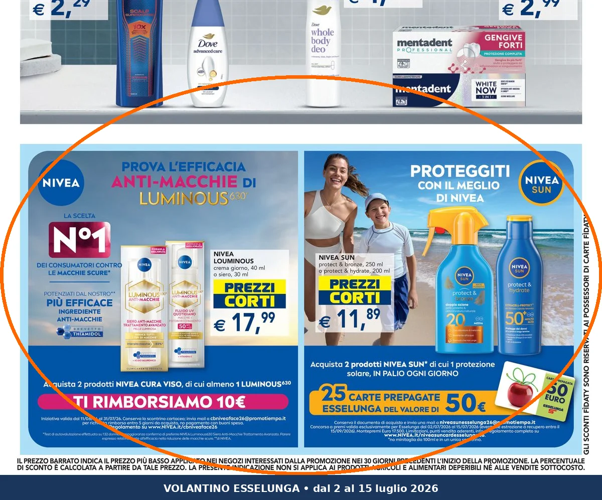 Ritaglio volantino Esselunga - Offerta Ritaglio pag25 nivea luminous valida dal 02/07 al 15/07