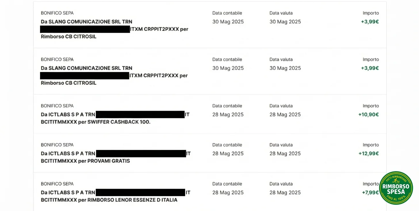Screenshot rimborsi cashback reali ricevuti via bonifico SEPA - Citrosil, Swiffer, Lenor
