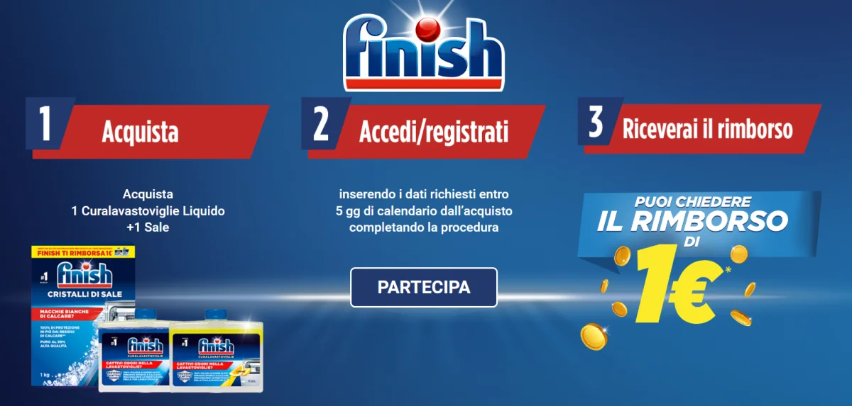 Finish ti rimborsa 1€ sull'acquisto di CuraLavastoviglie e Sale!