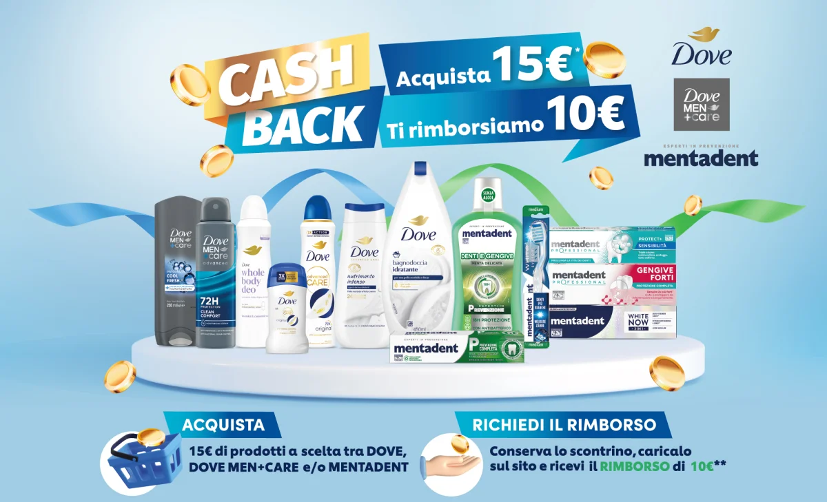 Cashback DOVE e MENTADENT: rimborso 10€ su acquisti da 15€